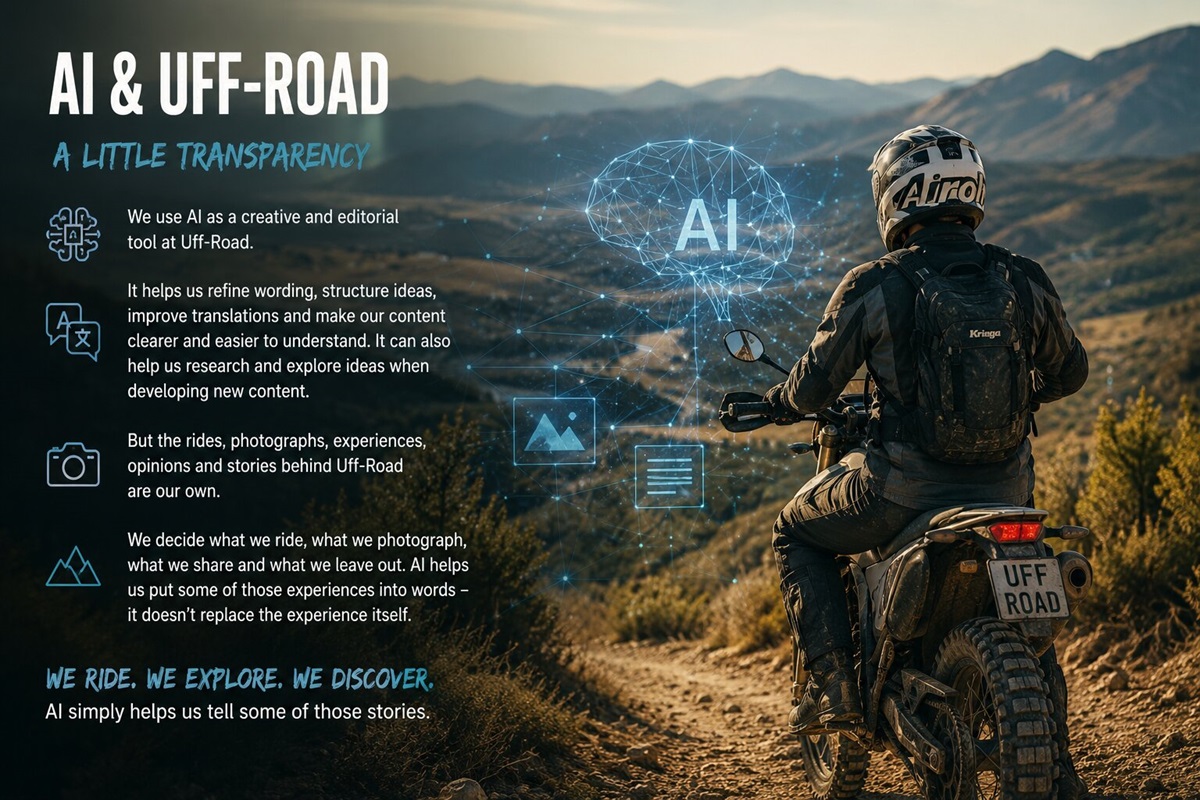 Off-road motorbike rider on a trail in Andalucía with a digital AI graphic